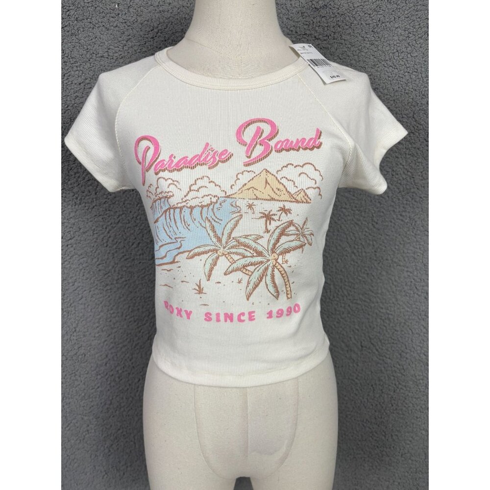 Roxy Juniors' Paradise Bound Ribbed Cropped Graphic T-Shirt Multi Large NWT's